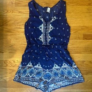 Blue and white pattered romper, size medium
